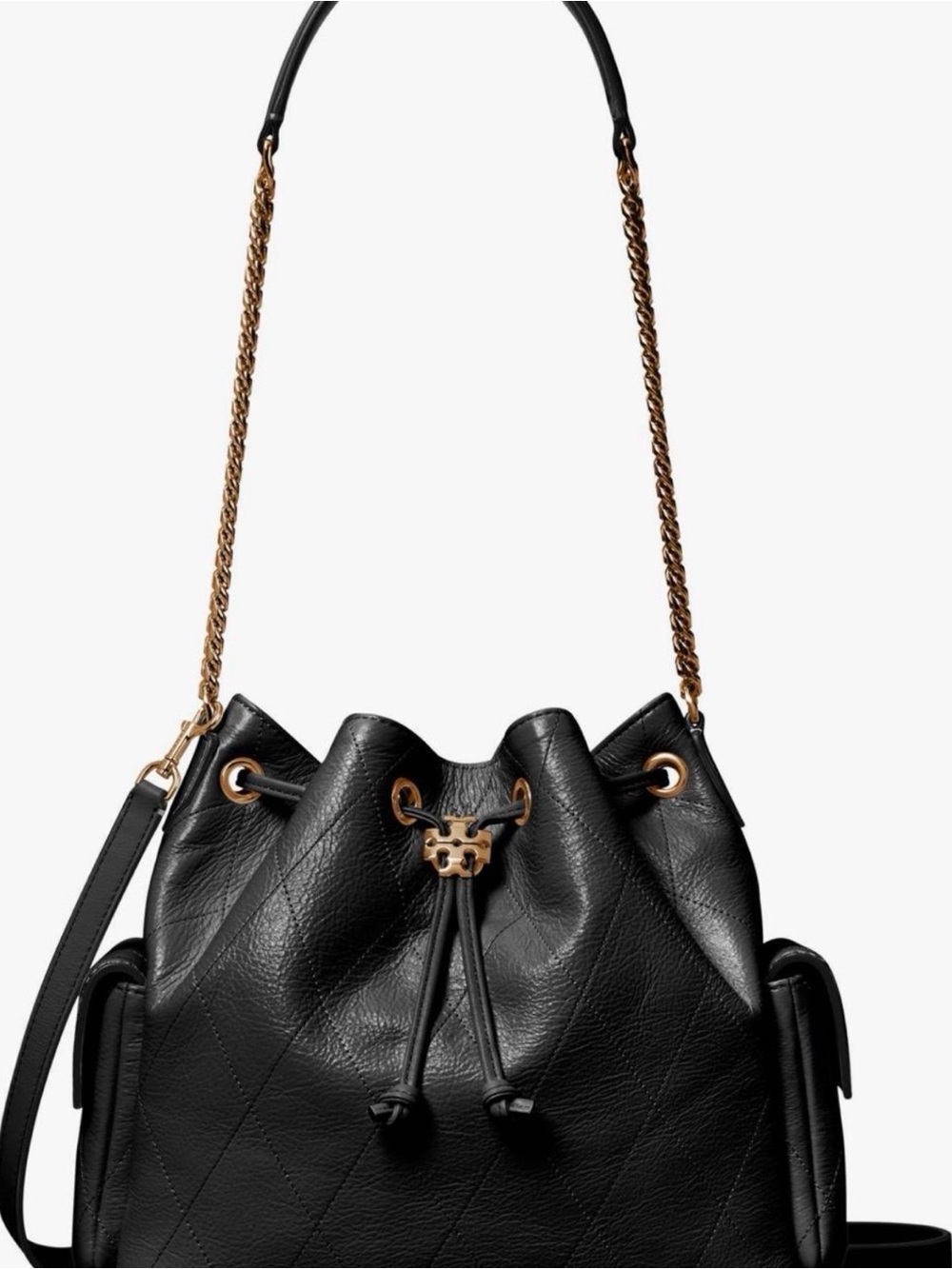Black Quilted Leather Drawstring Bucket Bag with Chain Strap